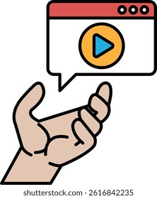 A hand holding a remote control with a red and yellow button. The remote control is labeled "play" and is pointing to a screen
