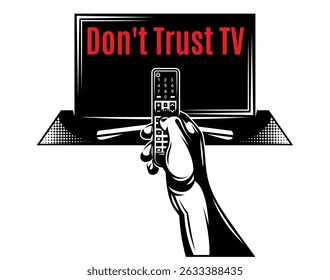 Hand holding remote control with TV displaying Do not Trust TV message.