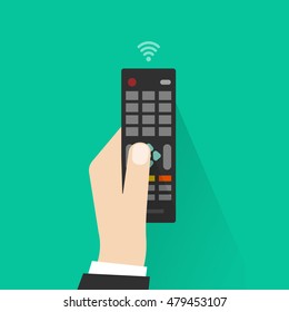 Control remoto de mano de la ilustración vectorial de TV, mano del hombre de dibujo plano con el botón de presión del dispositivo de control remoto