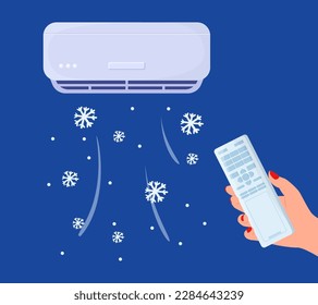 Hand holding remote control vector illustration. Air conditioner blowing cold, fresh and clean air flow on blue background. Air conditioning, purifier, filter, hot weather, summer concept