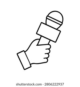 Hand holding reporter microphone, hand holding reporter microphone outline icon for interview, press question and news coverage