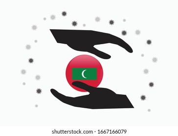 Hand holding the Republic of Maldives flag in cycle symbol, Protect Maldivian people from coronavirus  or COVID-19 concept, Save Maldives, sign symbol background, vector illustration. 