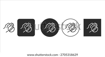 Hand holding restricted object icon set | UI-UX design prohibition symbol vector graphics | Black line art of forbidden grasp gesture illustration | Safety warning sign digital assets for interfaces