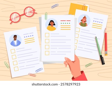 Hand holding a resume among others on a table with glasses, pens, and paperclips. Flat illustration emphasizing recruitment and hiring process evaluation. Vector illustration.