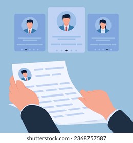 hand holding resume of prospective new employee, metaphor of recruitment