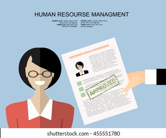 Hand holding resume and stamp with Approved.Happy women got a job. Human resources management concept, searching professional staff, analyzing resume papers, work. illustration in flat design