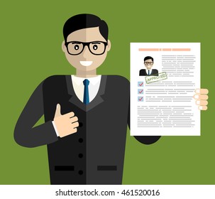 Hand holding resume and stamp with Approved.Happy men got a job. Human resources management concept, searching professional staff, analyzing resume papers, work. illustration in flat design