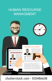Hand holding resume and stamp with Approved.Happy men got a job. Human resources management concept, searching professional staff, analyzing resume papers, work. illustration in flat design
