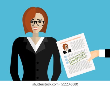 Hand holding resume and stamp with Approved.Happy women got a job. Human resources management concept, searching professional staff, analyzing resume papers, work. illustration in flat design