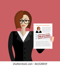 Hand holding resume and stamp with rejected. A sad woman is not got a job. Human resources management concept, searching professional staff, analyzing resume papers, work. illustration in flat design