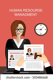 Hand holding resume and stamp with rejected. A sad woman is not got a job. Human resources management concept, searching professional staff, analyzing resume papers, work. illustration in flat design
