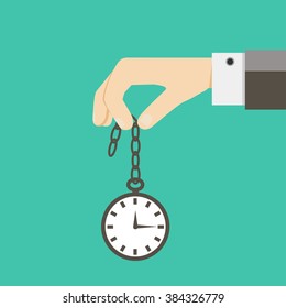 Hand holding retro watch. Vector illustration in flat style.  