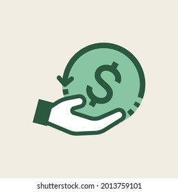 Hand holding returning arrow shaped dollar coin. Conceptual illustration of payback, cashback, repay, refund, return on investment. Vector illustration outline flat design style.