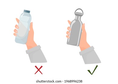 Hand, die wiederverwendbare Flasche und Hand- und Einwegplastik hält. Umweltschutz, wiederverwendbar. Null Abfall. Handgezeichnete Vektorgrafik auf weißem Hintergrund.