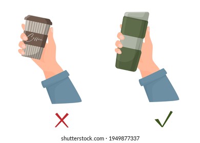 Hand holding reusable mug and hand and disposable glass. Environmental protection, reusable. zero waste. Hand drawn vector illustration on white background.