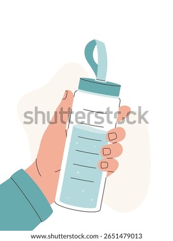 Hand holding a reusable water bottle with light blue cap and strap. Transparent container with water level markers. Flat cartoon style, concept of hydration and healthy habits.

