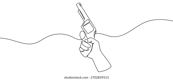 Mano que sostiene un revólver, una línea continua Diseño lineal minimalista.