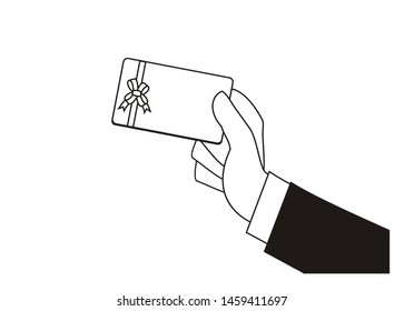 hand holding reward card. simple illustration in black and white