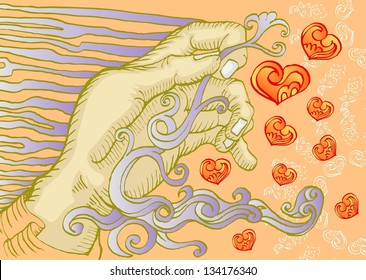 hand holding ribbon, with love icon in hand draw illustration