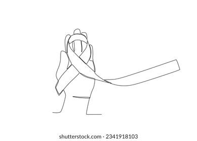 A hand holding a ribbon. Pregnancy and infant loss awareness month one-line drawing