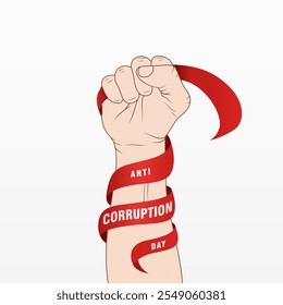 Hand holding a ribbon that says anti-corruption day, celebrated every 9 December