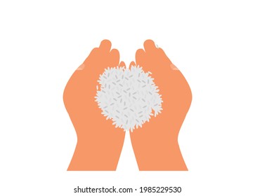 Hand holding rice grains. Simple flat illustration.
