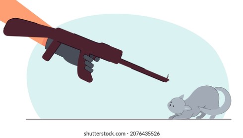 Hand Holding Rifle And Aiming At Scared Stray Cat. Person Threatening Kitten With Gun Flat Vector Illustration. Animal Cruelty, Violence Concept For Banner, Website Design Or Landing Web Page