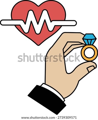 A hand holding a ring with a heart in the background. The heart is a symbol of love and the ring is a symbol of commitment. Concept of love and commitment, and the mood is romantic and sentimental