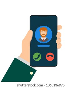 hand holding a ringing phone, flat style illustration