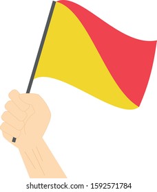 Hand holding and rising the maritime flag to represent the letter O Vector Illustration