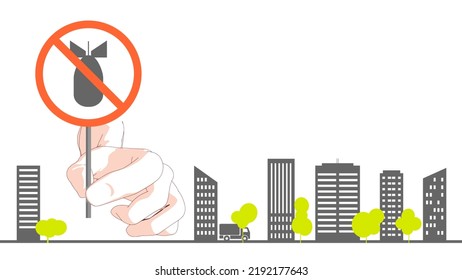Hand, die ein Stoppschild mit Bombe hält. Stadtansicht