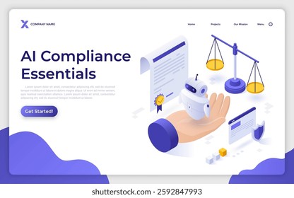 Hand holding robot near balance scales and agreement on white background. AI Compliance Essentials landing page isometric template. Data protection laws creative 3d vector illustration for web page