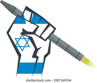 The Hand Is Holding A Rocket. Hand With The Flag Of Israel. War With Palestine. Vector Illustration In Flat Style. Isolated Logo Clipart On White Background.