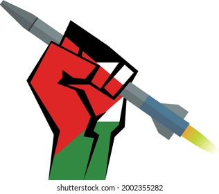 The Hand Is Holding A Rocket. Hand With The Flag Of Palestine. War With Israel. Vector Illustration In A Flat Style. Isolated Logo Clipart On A White Background