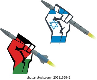 The Hand Is Holding A Rocket. Hand With The Flag Of Palestine And Hand With The Flag Of Israel Set. War With Israel. Vector Illustration In A Flat Style. Isolated Logo Clipart On A White Background