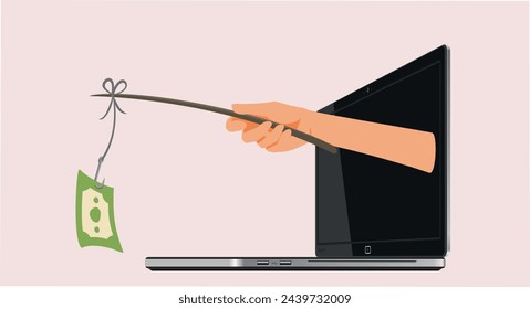 
Hand Holding a Rod in Online Phishing Concept Vector Illustration. Scammer trying to lure victims with monetary proposals 
