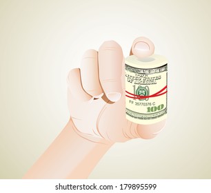 hand holding roll of 100 dollars banknotes 