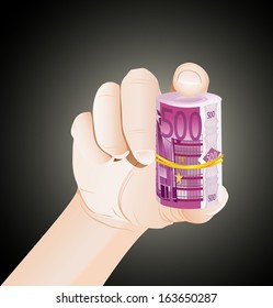 hand holding roll of 500 euro banknotes