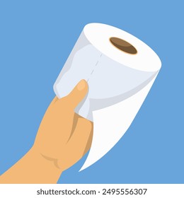 Hand holding roll of toilet paper. Vector illustration of a cleaning equipment. Concept of personal hygiene. White soft towel.
