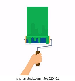 Hand holding roller brush and painting a wall. Flat design modern vector illustration concept.