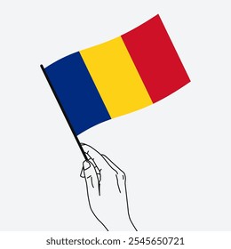 Hand holding Romania flag in line art drawing style. Romania hand Flag waving. Vector illustration