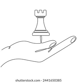 Hand halten Rook Schachfigur. Schachstück durchgehend eine Linie gezeichnet. Vektor-Illustration isoliert auf weiß.