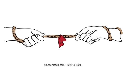 Hand holding a rope, climbing rope, strength and determination. Rescue, help, helping gesture or hands. Conflict, tug of war. Two hands, helping hand, arm, friendship. Rope, cord. Continuous line art.