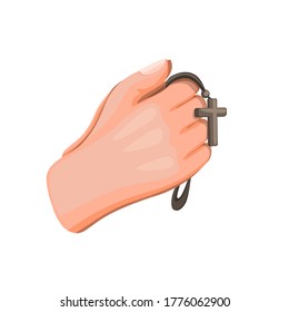 Hand holding rosary beads with cross symbol, religious people praying in cartoon illustration vector isolated in white background
