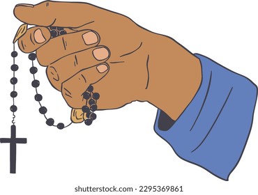 Hand holding rosary with cross on white background. Vector illustration.