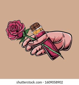 Hand holding a rose and chocolate bar vector illustration. Valentine's day concept. Cartoon vintage style. Romance illustration for tshirt design, sticker, poster or greeting card