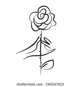 Hand holding rose hand drawn vector illustration. Love symbol freehand sketch. Blooming flower twig monochrome doodle drawing. Valentines Day greeting card outline isolated design element