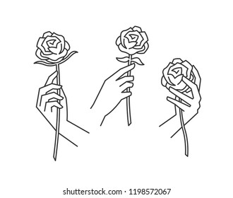 Hand holding rose. Editable line vector icon.