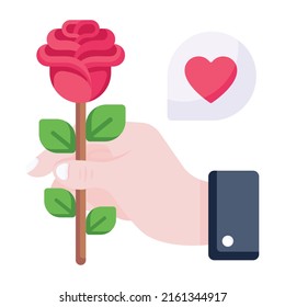 Hand holding rose, flat icon of propose 

