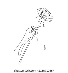 The hand is holding a rose flower. Dripping blood. Vector black and white linear illustration. Sketch, hand drawn. Line art